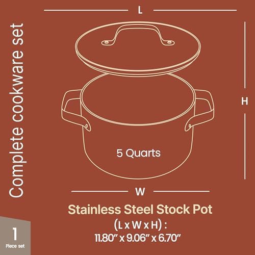 Bakken 5 Quart Ceramic Coated Stock Pot with Lid, Easy to Clean Nonstick Pot, Tempered Glass Lid, Riveted Stainless Steel Handles, Oven Safe Up To 500°F, PTFE & PFAS Free, All Stove Compatible, Blue