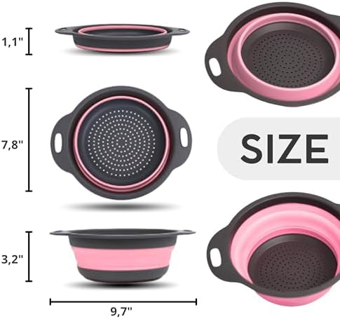 Pink Round Silicone Colander Collapsible – Foldable Kitchen Strainer Small Collapsible Colander Pink with Plastic Handles for Draining Vegetable and Fruit Round Silicone Kitchen Strainer for Pasta