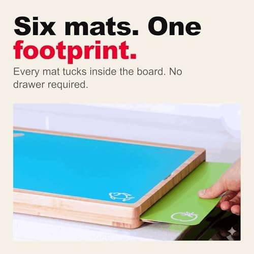 Personalized bamboo cutting board set, also called a custom engraved or monogrammed cutting board. Includes 6 color-coded flexible mats; add a name, date, or message.