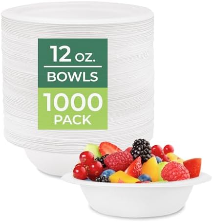 Freshware Paper Bowls - Disposable 12 oz. Soup Bowl, 1000-Pack Biodegradable Sugarcane Fiber Serving Bowls - Heavy Duty Bagasse for Hot Food Plates - Microwave & Freezer Safe, Stackable Dinnerware