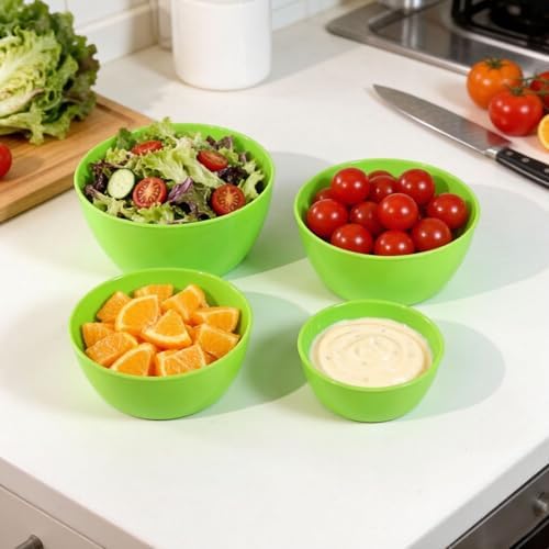 4-Piece Classic Plastic Prep Bowls with Lids, Nesting Plastic Small Mixing Bowl Set for Mixing, Baking, Prepping, Cooking and Serving Food, Microwave and Dishwasher Safe (Green)