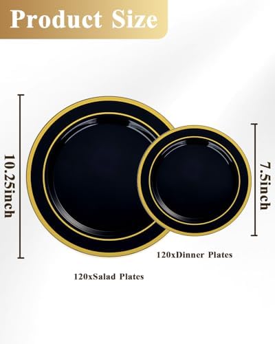 Goodluck 200 PCS Black Plastic Plates with Gold Rim, Heavy Duty Disposable Black Plates with 100 10.25 inch Dinner Plates and 100 7.5 inch Dessert Plates for Party, Holiday, Wedding