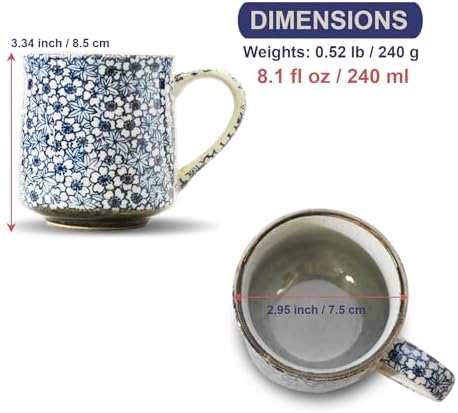 Nostalgic Mino Ware Ceramic Sometsuke Small Mug Cup - Japanese Crafted, Floral Pattern, Comfort Grip Handle, For Coffee and Green Tea or Soup, Matcha Tea, Gift Box Included (Kyokomon)