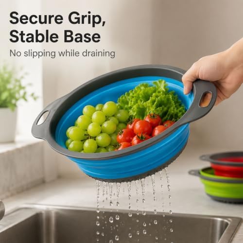 Collapsible Colander Set, 3 Pack Silicone Kitchen Strainer Set, Space Saving Design, Small Round Colander Baskets for Draining Pasta, Vegetable and fruit, (2Qt+3Qt+5Qt)