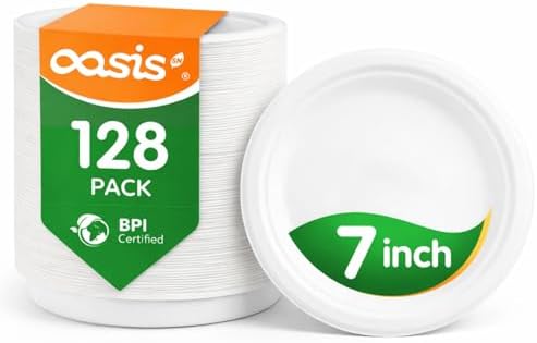 7 Inch 128 Pack Compostable Disposable Paper Plates, Heavy Duty Sugarcane Bagasse Plates, Biodegradable Eco-Friendly for Snacks & Parties, Unbleached White