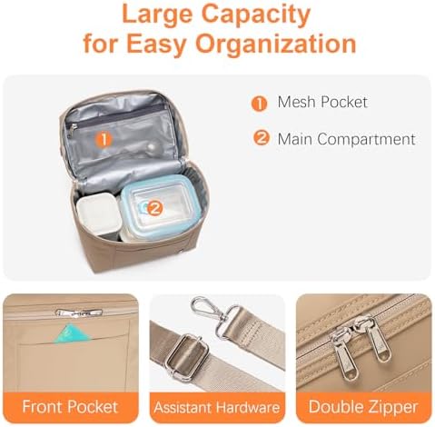 NOL 4L Insulated Lunch Bags for Women Cooler Bag Lightweight Nylon Waterproof Lunch Box for Work, Small, Khaki