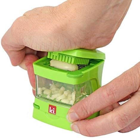 Garlic-A-Peel Garlic Press, Crusher, Cutter, Mincer, and Storage Container - Includes Silicone Garlic Peeler - Easy to Clean - Stainless Steel Blades – (Green), standard