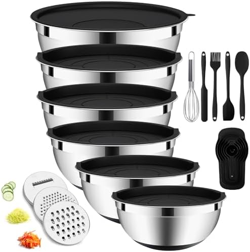 ENVTEK Mixing Bowls Set with Airtight Lids,Non-Slip Silicone Bottoms, Black