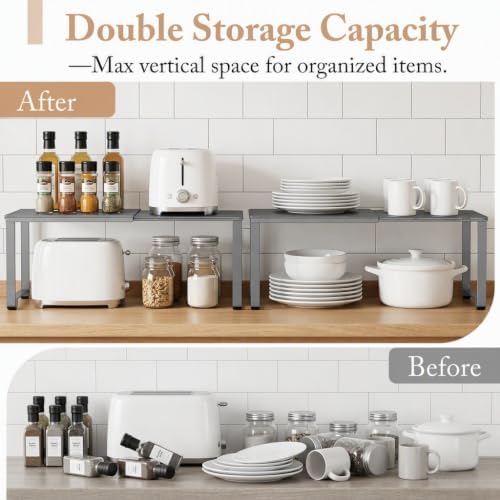 Extendable Metal Wire Shelf Organizer - Adjustable 15-24.4in Length, Stackable Storage Rack for Kitchen/Pantry/Bathroom/Shoe Cabinet/Tool Closet (Gunmetal, 1 Pack)