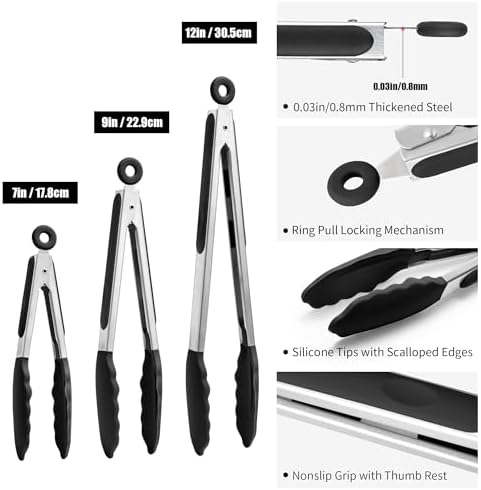 Doosu Kitchen Tongs with Silicone Tips for Cooking Serving (3Pcs, Black)