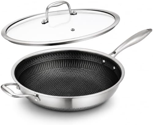 NutriChef 12" Stainless Steel Durable Wok - Triply Kitchenware Wok with Glass Lid, Side Handle - DAKIN Etching Non-Stick Coating, Scratch-resistant Raised-up Honeycomb Fire Textured Pattern