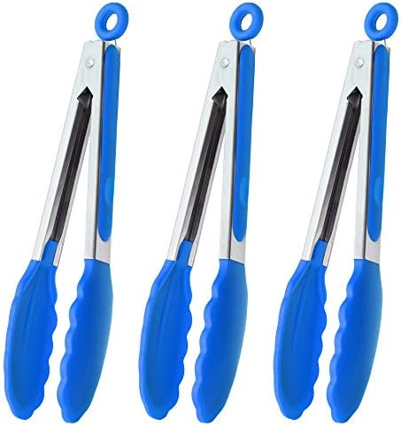 HINMAY 9-Inch Cooking Tongs with Silicone Tips, Set of 3 (Blue)