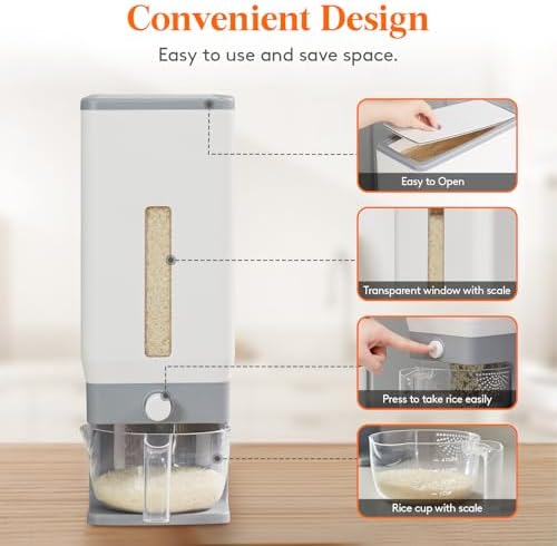 Lifewit Rice Dispenser 25 Lbs, Airtight Storage with Measuring Cup, Grey