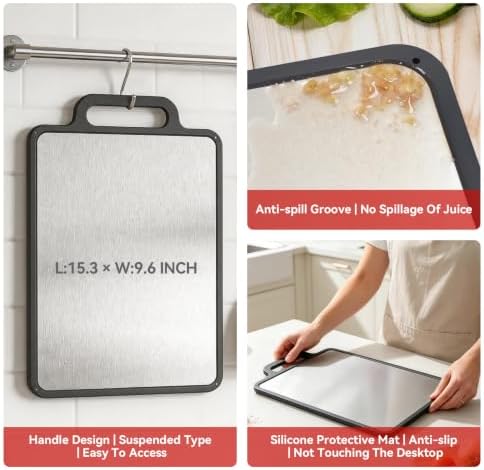 Double-Sided Solid Stainless Steel Cutting Board for Kitchen, 304 Grade & Dishwasher Safe - Non-Slip with Juice Groove, Perfect for Meat and Veggies, 15.3x9.6 Inch