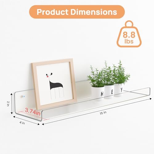 upsimples 18 Pack Acrylic Shelves for Wall Storage, 15" x 4“ Floating Bookshelves for Kids, Display Shelf Organizer for Bathroom, Bedroom, Living Room, Kitchen, Room Decor, Clear