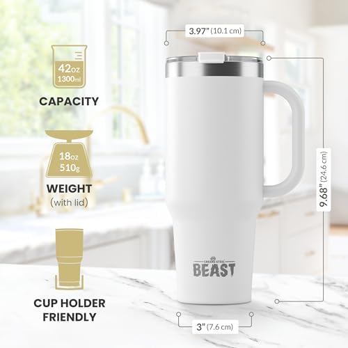 Beast 42 oz Tumbler with Handle Stainless Steel Vacuum Insulated Coffee Ice Cup Double Wall Travel Flask (Arctic White)