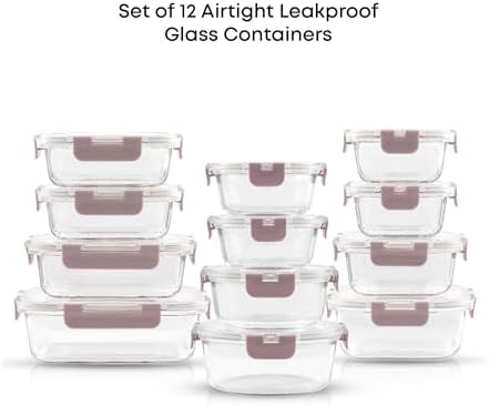 JoyJolt 24pc Borosilicate Glass Storage Containers with Lids | 12 Airtight/Freezer Safe Food Storage Containers for Pantry and Kitchen | Meal Prep Container for Lunch | Glass meal Set