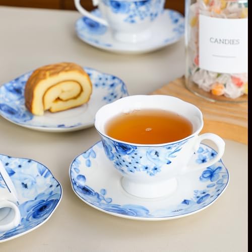 6oz Porcelain Tea Cup and Saucer Set of 6, Classic Blue Floral