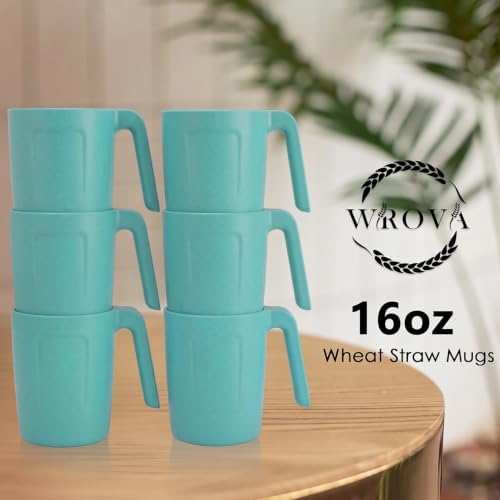 Wrova 16oz Wheat Straw Cups with handles set of 6-Plastic Cups Reusable-Unbreakable Kids Mugs-Dishwasher Safe & Microwave Safe-Ideal Plastic Mugs for Tea,Coffee,Camping,RV-Green