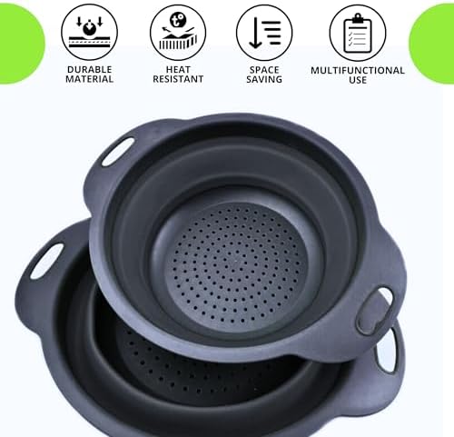 Small Food Strainer for Kitchen - Black Silicone Colander with Handle for Spaghetti and Pasta Multifunctional Colander for Camping