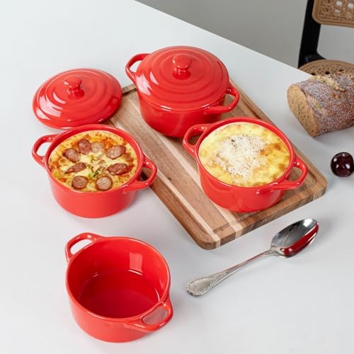 Mini Dutch Oven Set of 4, 14 oz Ceramic Mini Dutch Ovens with Lids and Handles, Ramekins with Lids for French Onion Soup, Pot Pies, Soufflés and Baked Desserts, Oven Microwave Dishwasher Safe, Mini Cocotte，（Red）