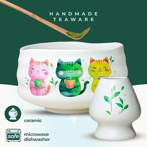 Aprika Life Matcha Whisk Set 6 Pcs - Ceramic Matcha Bowl, Bamboo Whisk, Matcha Whisk Holder, Scoop, Sifter & Tea Cloth - Traditional Handmade Matcha Set - Unfurl Matt White with Cat print