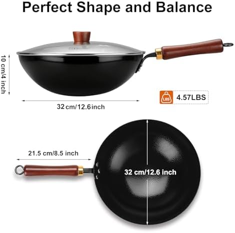 Carbon Steel Wok Pan, 12.6-Inch Nonstick Pre-Seasoned Woks & Stir-Fry Pans with Glass Lid, No Chemical Coated Wok Round Bottom Hand Hammered Chinese Wok for Gas Stoves