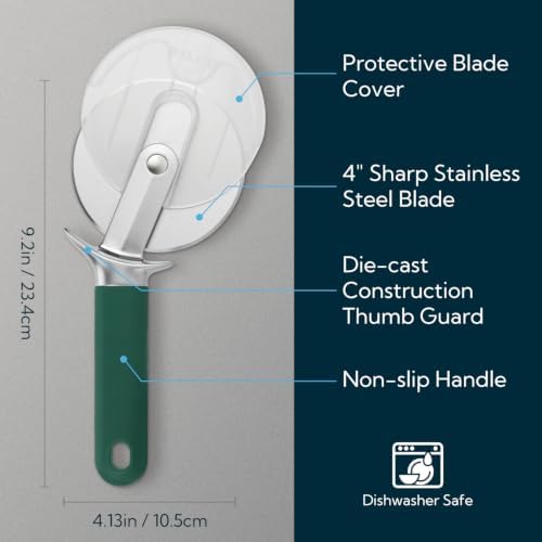 KITCHENDAO Pizza Cutter Wheel with Blade Cover & Thumb Guard, 4 Inch, Green
