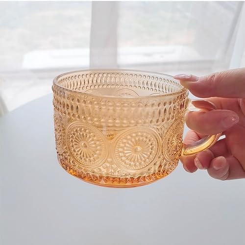 MFACOY Vintage Coffee Mugs Set of 2, 14 oz Glass Tea Cups with Handle, Amber Embossed Glass Cups for Cappuccino, Latte, Cereal, Milk, Hot or Cold Beverages