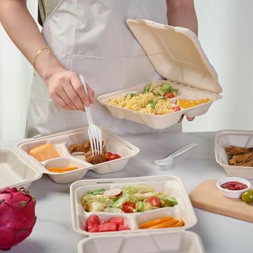 ECOLipak 300 Pack Compostable Take Out Food Containers 8 inch,3 Compartment