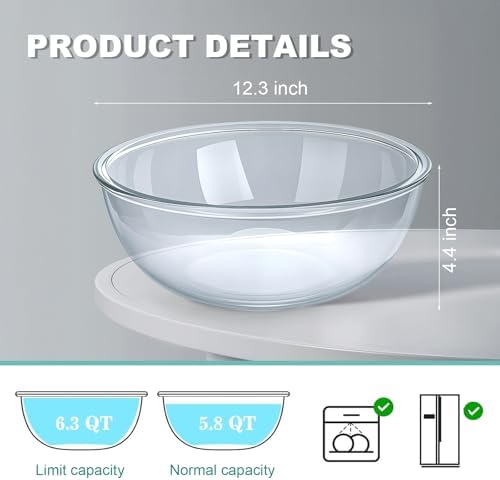 6.3 Qt Large Glass Mixing Bowl,11-1/2" Clear Glass Salad Cooking Bowls