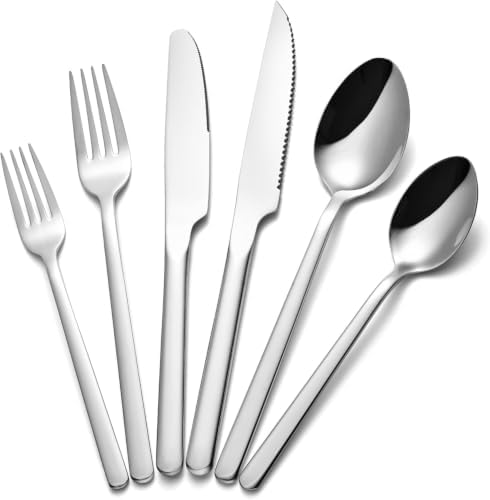 KINGSTONE 24-Piece Silverware Set with Steak Knives, Flatware Set for 4, 18/10 Stainless Steel Tableware Cutlery Set for Home Restaurant, Mirror Finish,Modern Design