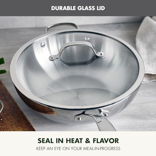 GreenPan Valencia Pro Tri-Ply Stainless Steel 12" Wok Pan with Lid, Induction Ready Cookware, All Cooktops, Sauce Pot, Mirror Finish, Dishwasher & Oven/Broiler Safe to 600F