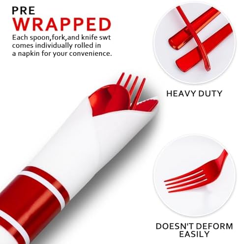 400PCS Pre Rolled Red Plastic Silverware Sets Heavy Duty for Wedding