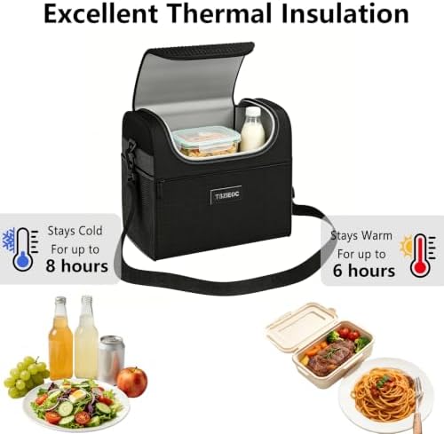 Large Insulated Lunch Bag for Women & Men, 12.10L Reusable Lunch Cooler Tote with Ice Pack, Adult Lunch Box with Side Mesh Pocket, Portable Lunch Bag for Work, Office, Travel & Picnic, Black