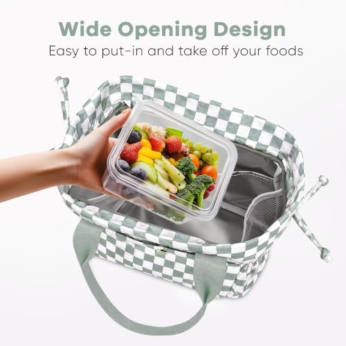 Yarnic Lunch Bag Women Lunch Box with Water Bottle Holder (Green Checkered)