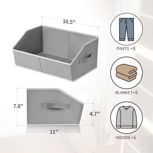 Homsorout Trapezoid Closet Shelf Organizer - Large Baskets for Organizing, Fabric Storage Cubes for Shelves, Storag Organizers Bins for Clothes, Blankets, 3 Pack, Grey