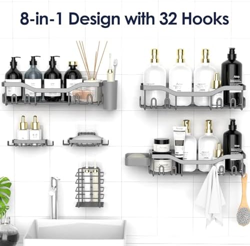 NESOMI Shower Caddy Adhesive Shower Organizer 8-Pack, Rustproof Stainless Steel Bathroom Shelves, Large Capacity No-Drill Rack Storage Accessories with Soap Dish Toothbrush Holder Hooks