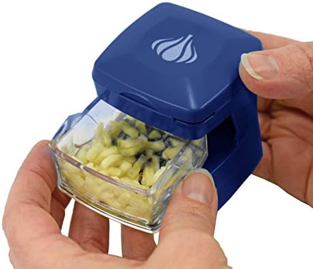 Garlic-A-Peel Garlic Press, Crusher, Cutter, Mincer, and Storage Container - Includes Silicone Garlic Peeler - Easy to Clean - Stainless Steel Blades – (Blue), standard