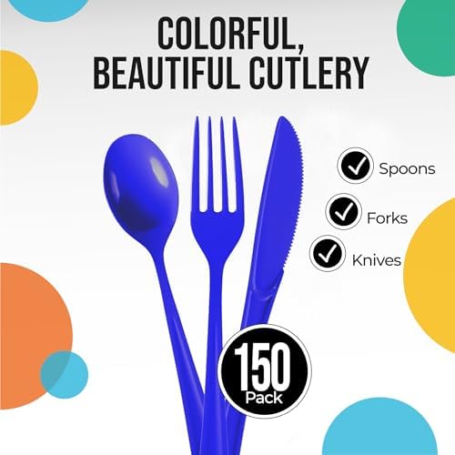 Party Solids Dark Blue Plastic Silverware 150 Pcs Dark Blue Cutlery Set