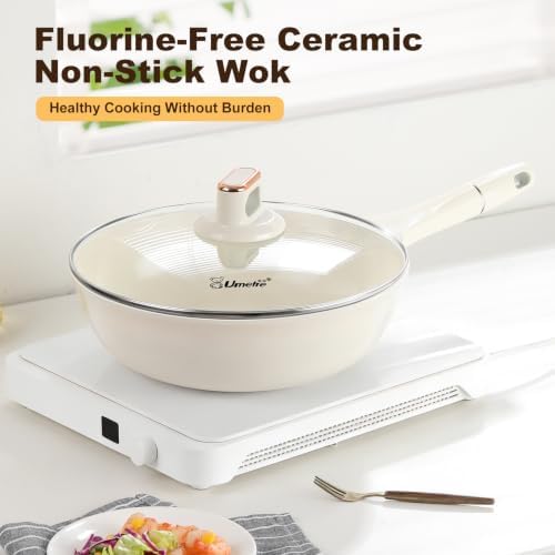 11 INCH Nonstick Wok Pan with Glass Lid, Deep Ceramic Coated Skillet
