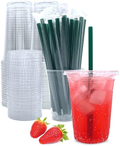 Aatriet 16 oz Clear Plastic Cups with Lids and Straws, Disposable Coffee Cups 25 Sets