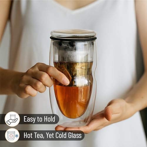 BTaT- Double Wall Glass Tea Cup With Stainless Steel Infuser and Lid, 16 oz, 2 Pack, Borosilicate Glass Tea Mug Infuser, Gifts for Tea Lovers