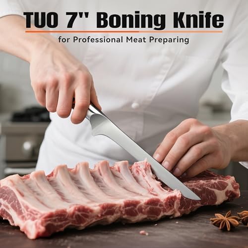 TUO Boning Knife, 7 inch Sharp Fillet Knife for Trimming Meat with Bones, Woodgrain Pakkawood Handle, High Carbon German Steel, Gift Box Included