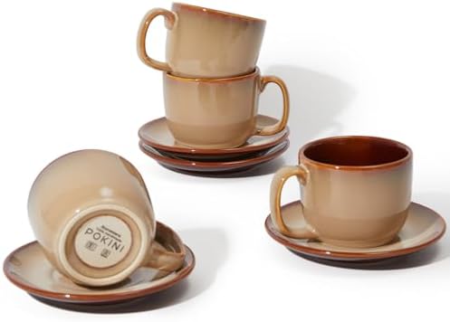 Pokini Stoneware Coffee Cups with Saucers, 6 Oz Cappuccino Cups Set of 4, Microwave & Dishwasher Safe, Perfect For Tea, Espresso, Latte, Ceramic Mugs for Kitchen or Cafe, Brown Yellow