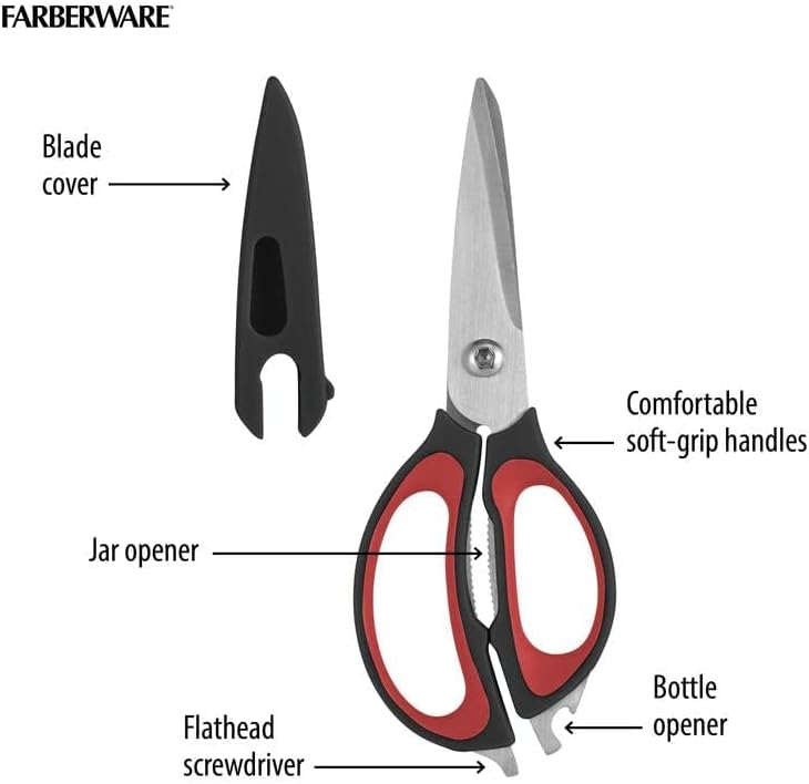 Farberware 4-In-1 Kitchen Shears 2-Piece - Multi-Purpose Design, Red
