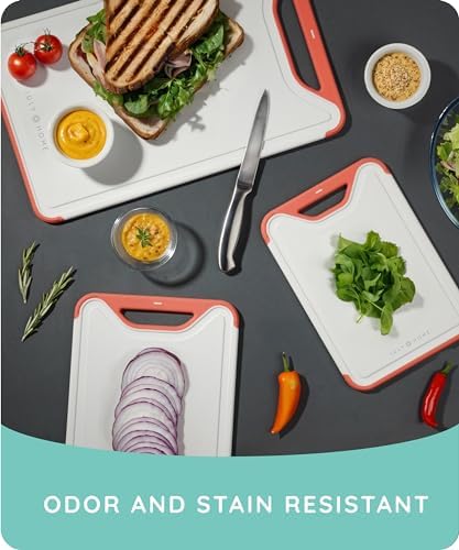 Cutting Boards for Kitchen, Plastic Cutting Board Set of 3, Dishwasher Safe Cutting Boards with Juice Grooves for Meat, Veggies, Easy Grip Handle, Serveware Accessories (Pink)
