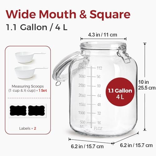 Large Glass Jars with Airtight Lids 1.1 Gallon 2 Pack Flour Jar