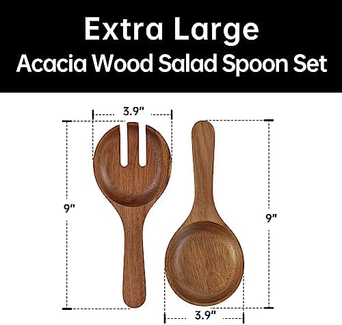 KITEISCAT Extra Large Glass Salad Bowl Set - Party Salad Bowls with Acacia Wood Base and Serving Utensils - Elegant and Practical Kitchen Must-Have
