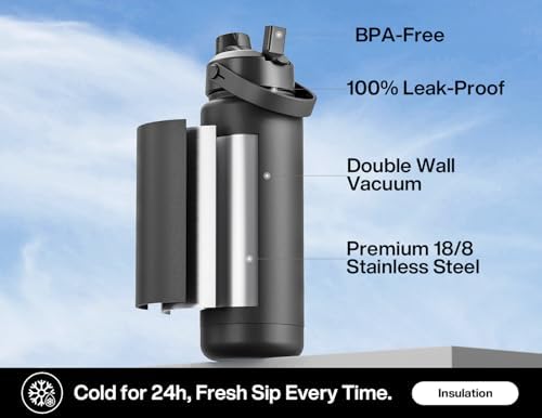 POWCAN 32 oz Insulated Water Bottle with 2-in-1 Straw and Spout Lid, Keep Cold 24H, Leak-Proof, BPA-Free, Double Wall Stainless Steel Water Bottle for Sports, Gym, Travel, and School (Dark Knight)
